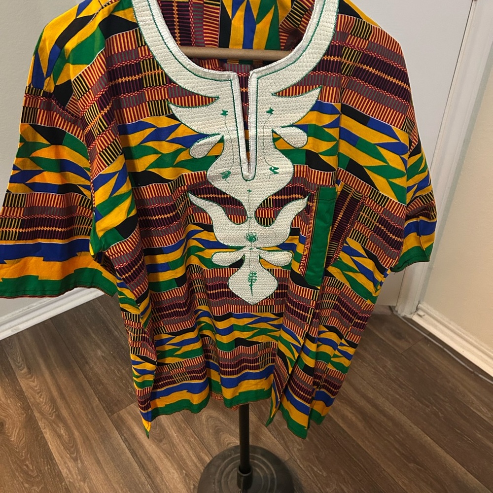 African Print Dashiki Shirt in Green, Yellow & Blue